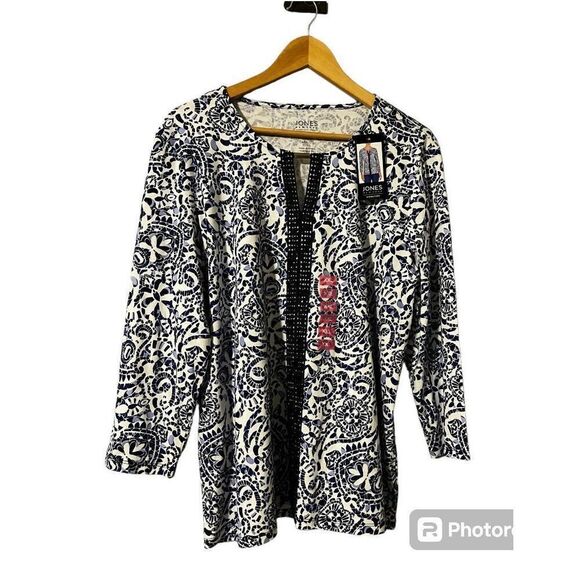 Jones New York Women’s Size XXL Long Sleeve Blouse Blue Crochet Detail NWT - Picture 1 of 9